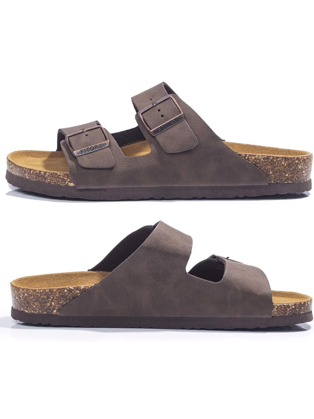 Men's Double-Strap Brown Cork Footbed Sandals with Adjustable Buckles
